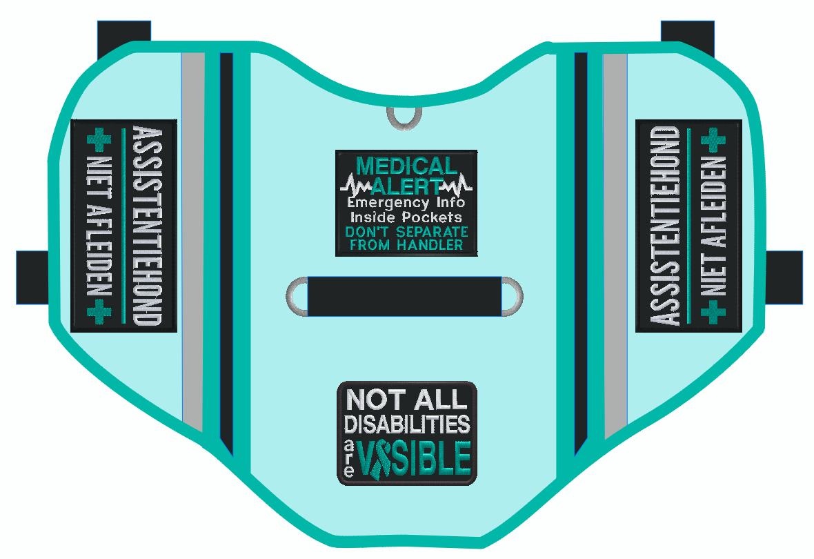 Light blue medical alert vest with text and labels on a white background