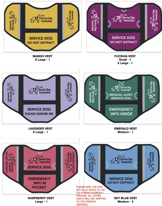 Custom Service Dog Vest order for The Service Dog Connection