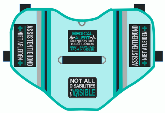 Light blue medical alert vest with text and labels on a white background